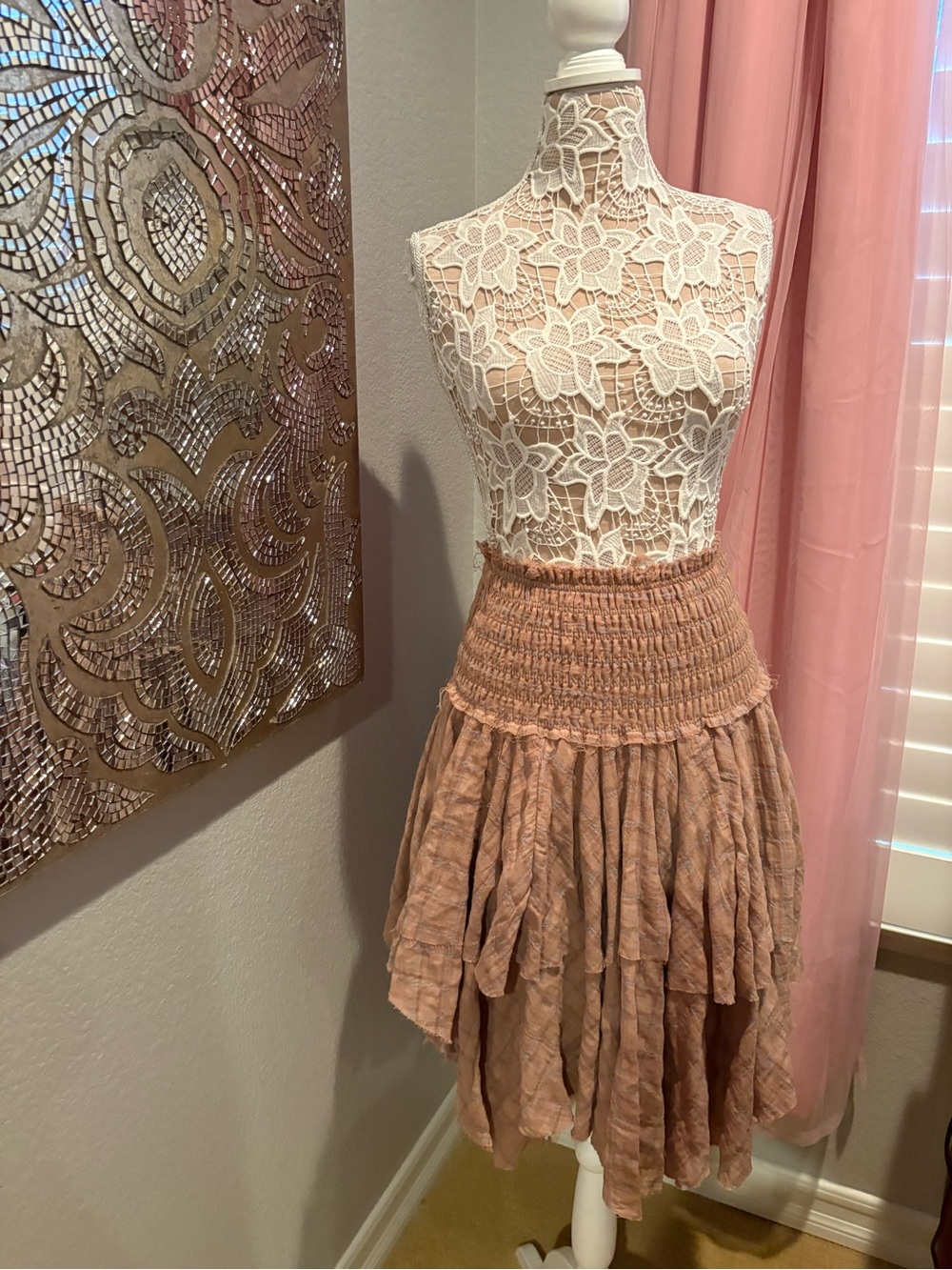 Tiered Smocked Waist Brown Ruffled Midi Skirt